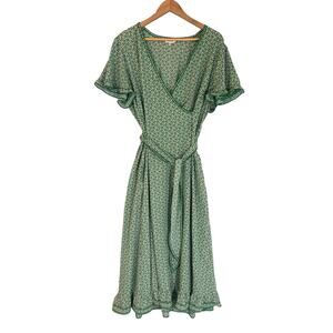 Max Studio Kelly Green Faux Wrap Midi Dress Micro floral XL Casual Event Guest